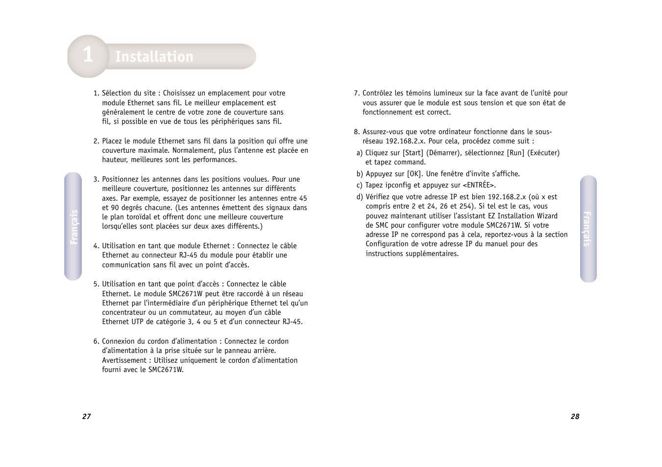 Installation | SMC Networks WIRELESS ETHERNET ADAPTER SMC2671W User Manual | Page 15 / 44