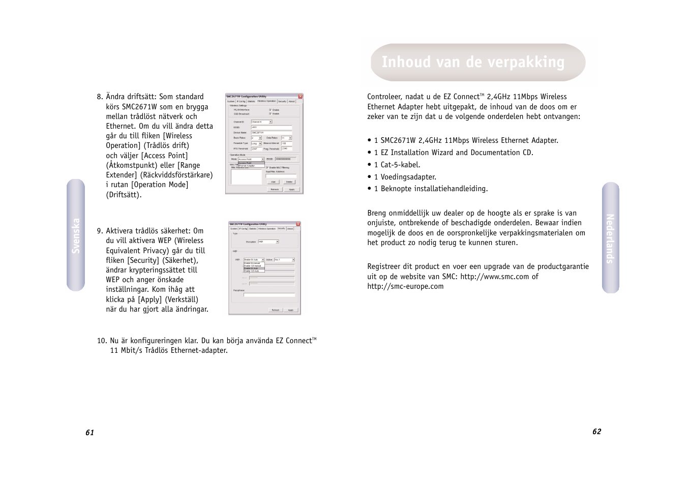 Inhoud van de verpakking | SMC Networks WIRELESS ETHERNET ADAPTER SMC2671W User Manual | Page 32 / 44