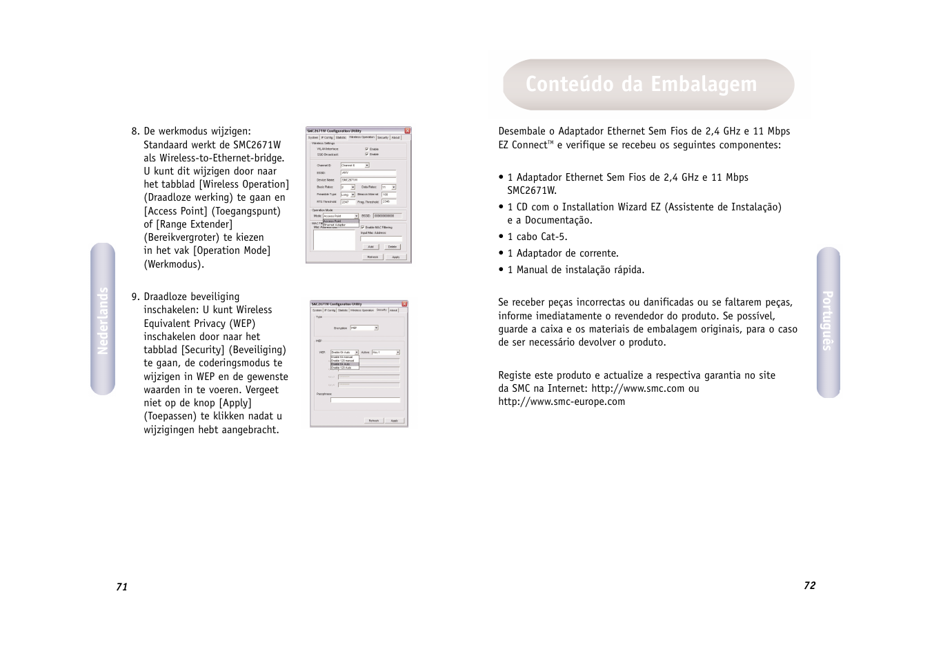 Conteúdo da embalagem | SMC Networks WIRELESS ETHERNET ADAPTER SMC2671W User Manual | Page 37 / 44