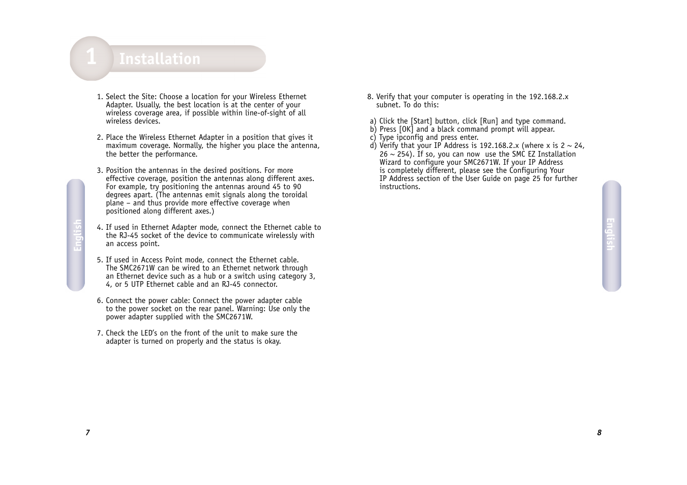 Installation | SMC Networks WIRELESS ETHERNET ADAPTER SMC2671W User Manual | Page 5 / 44