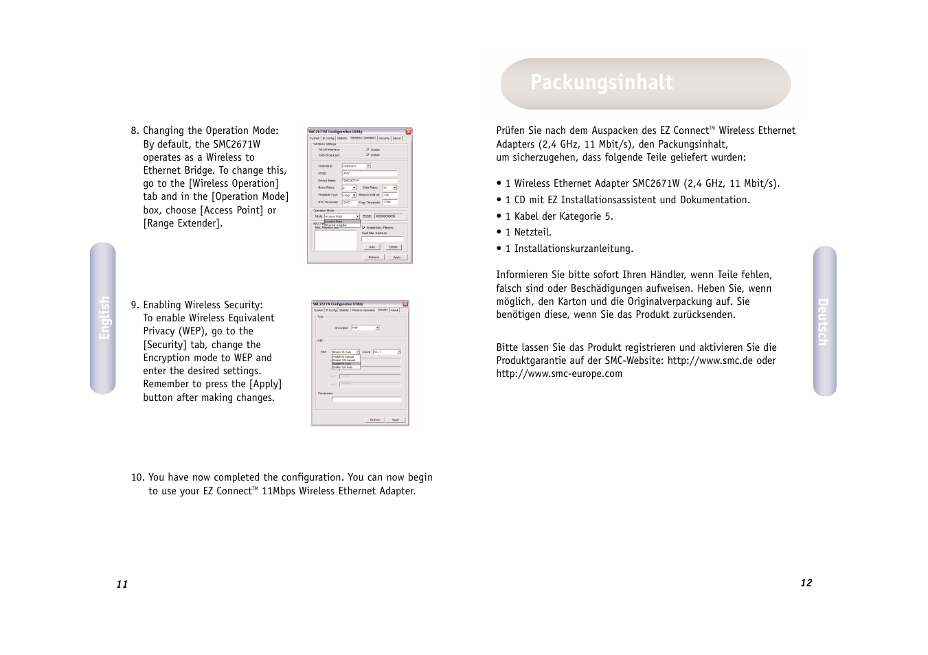 Configuration, Packungsinhalt | SMC Networks WIRELESS ETHERNET ADAPTER SMC2671W User Manual | Page 7 / 44