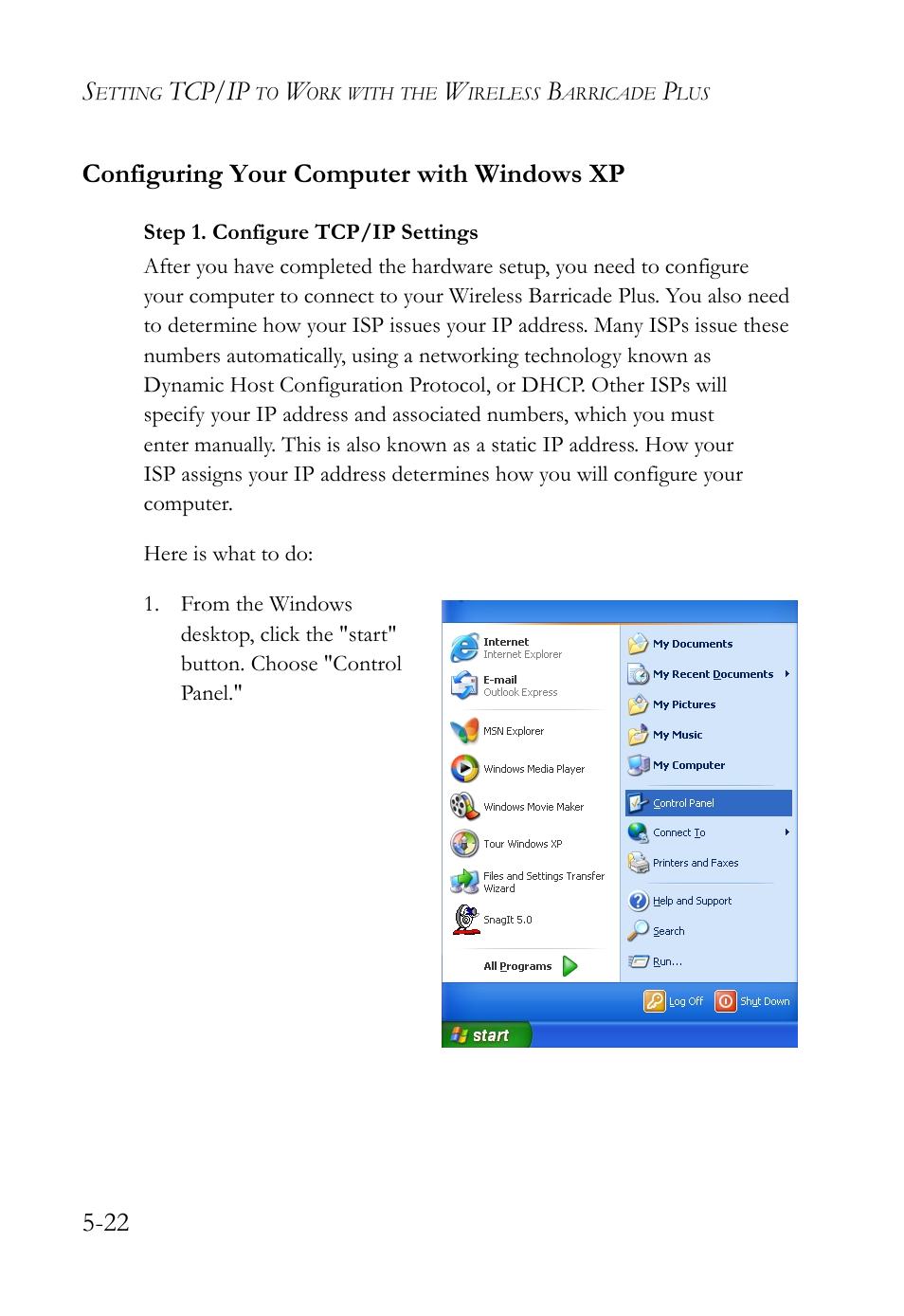 Configuring your computer with windows xp, Configuring your computer with windows xp -22, Tcp/ip | 22 configuring your computer with windows xp | SMC Networks SMC Barricade Plus SMC7004WFW User Manual | Page 104 / 146