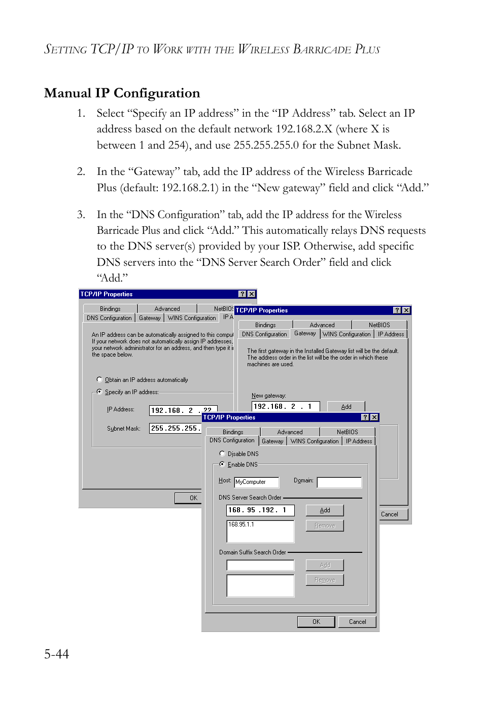 Manual ip configuration, Manual ip configuration -44, Tcp/ip | 44 manual ip configuration | SMC Networks SMC Barricade Plus SMC7004WFW User Manual | Page 126 / 146