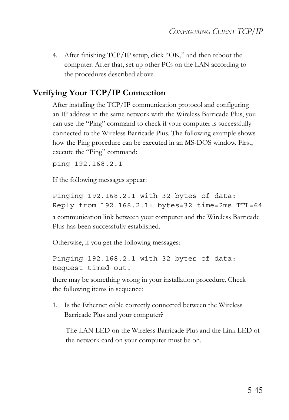 Verifying your tcp/ip connection, Verifying your tcp/ip connection -45, Tcp/ip 5-45 | SMC Networks SMC Barricade Plus SMC7004WFW User Manual | Page 127 / 146