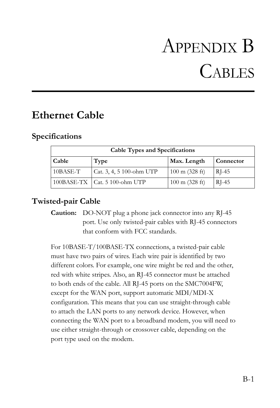 Appendix b cables, Ethernet cable, Specifications | Twisted-pair cable, Ppendix, Ables | SMC Networks SMC Barricade Plus SMC7004WFW User Manual | Page 133 / 146