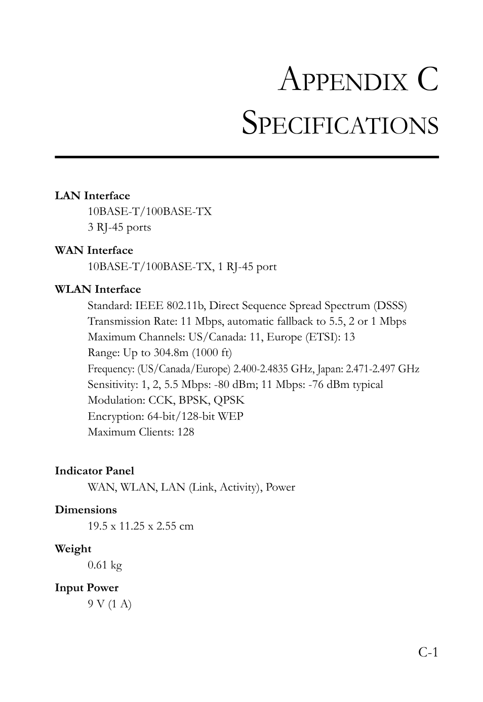 Appendix c specifications, Ppendix, Pecifications | SMC Networks SMC Barricade Plus SMC7004WFW User Manual | Page 137 / 146