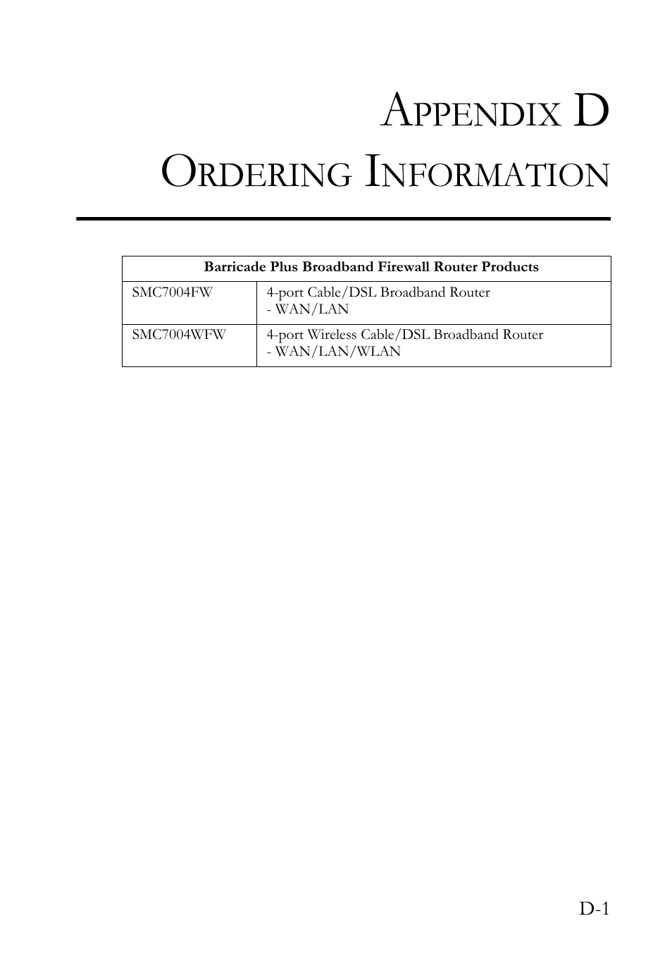 Appendix d ordering information, Ppendix, Rdering | Nformation | SMC Networks SMC Barricade Plus SMC7004WFW User Manual | Page 141 / 146