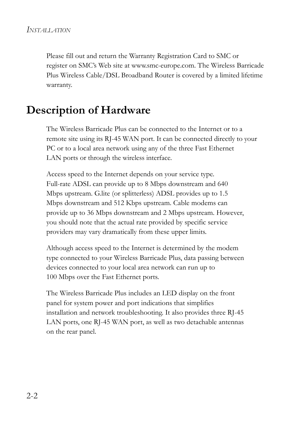 Description of hardware, Description of hardware -2 | SMC Networks SMC Barricade Plus SMC7004WFW User Manual | Page 18 / 146