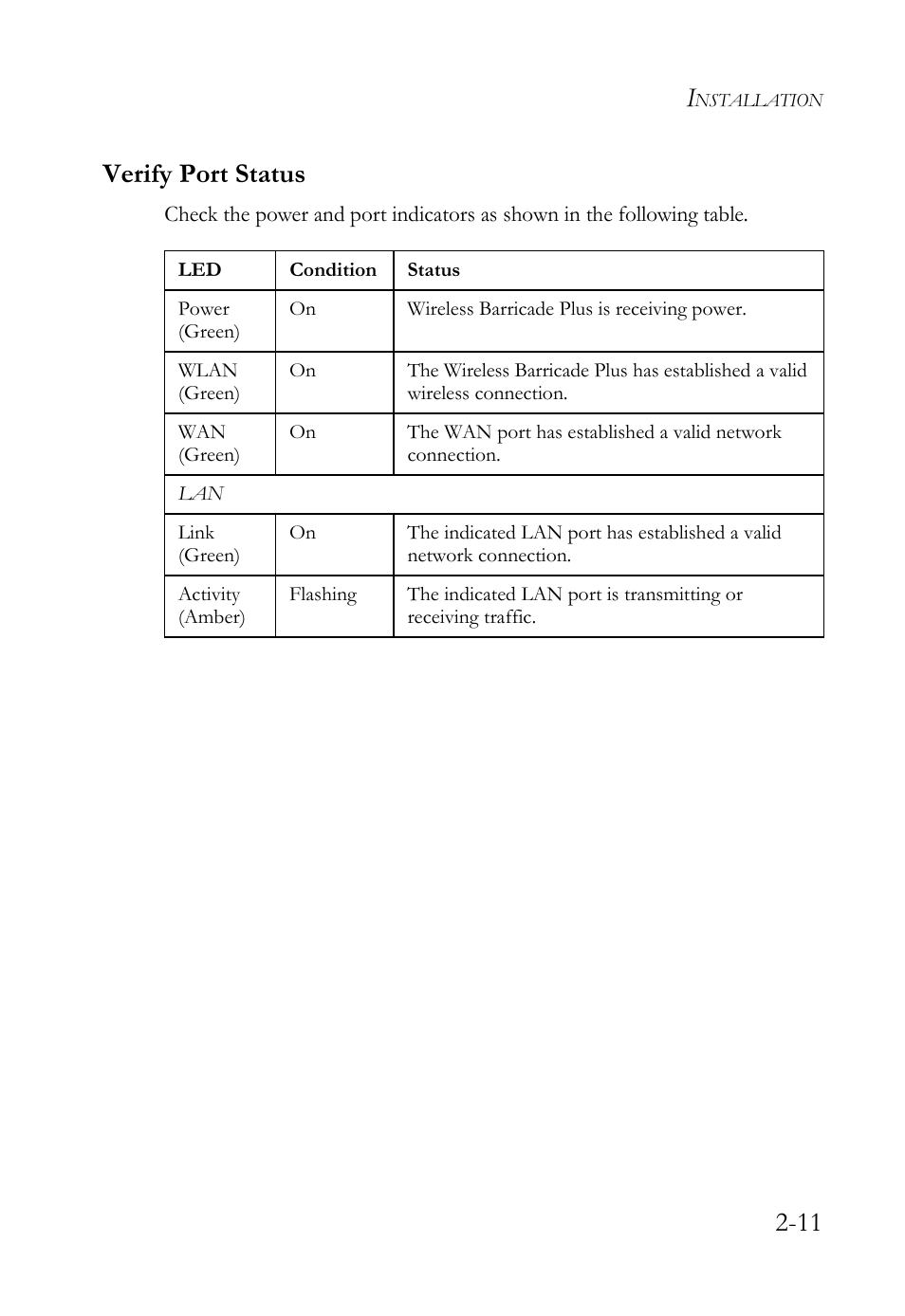 Verify port status, Verify port status -11, 11 verify port status | SMC Networks SMC Barricade Plus SMC7004WFW User Manual | Page 27 / 146