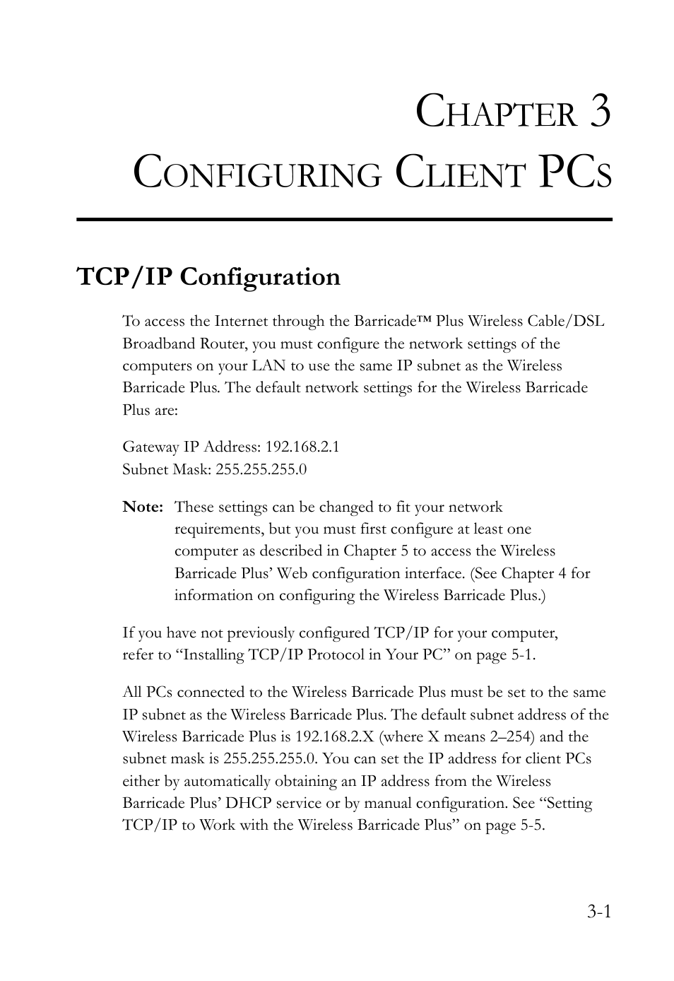 Chapter 3 configuring client pcs, Tcp/ip configuration, Configuring client pcs -1 | Tcp/ip configuration -1, Hapter, Onfiguring, Lient | SMC Networks SMC Barricade Plus SMC7004WFW User Manual | Page 29 / 146