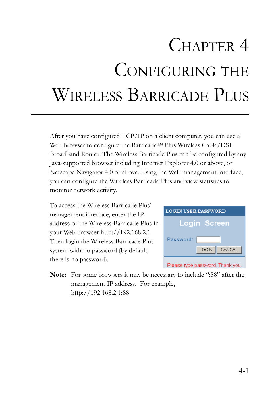 Chapter 4 configuring the wireless barricade plus, Configuring the wireless barricade plus -1 | SMC Networks SMC Barricade Plus SMC7004WFW User Manual | Page 31 / 146
