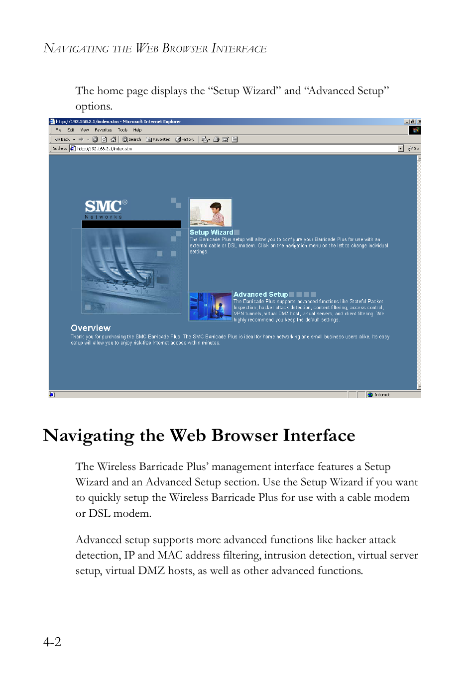 Navigating the web browser interface, Navigating the web browser interface -2 | SMC Networks SMC Barricade Plus SMC7004WFW User Manual | Page 32 / 146