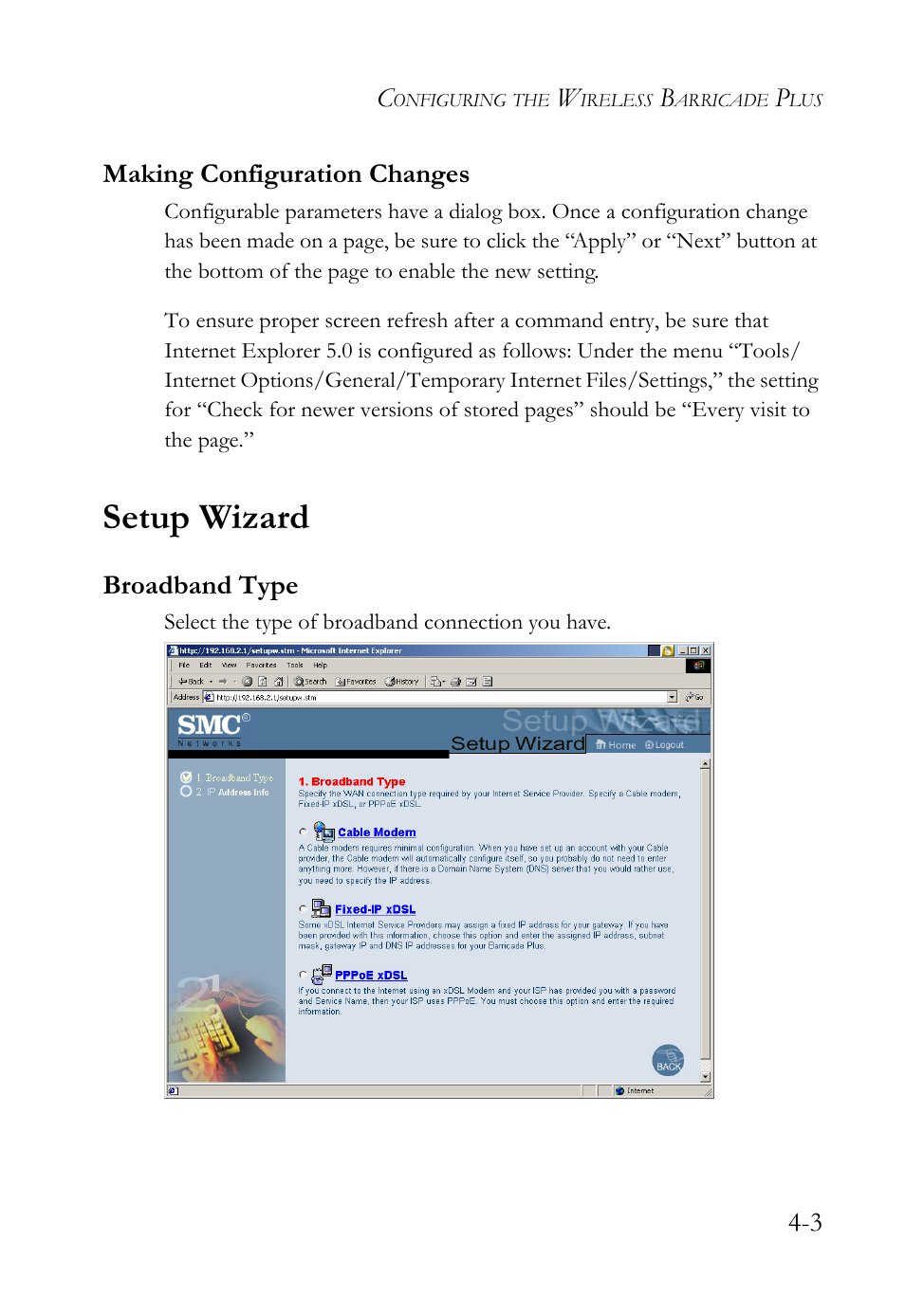 Making configuration changes, Setup wizard, Broadband type | Making configuration changes -3, Setup wizard -3, Broadband type -3 | SMC Networks SMC Barricade Plus SMC7004WFW User Manual | Page 33 / 146