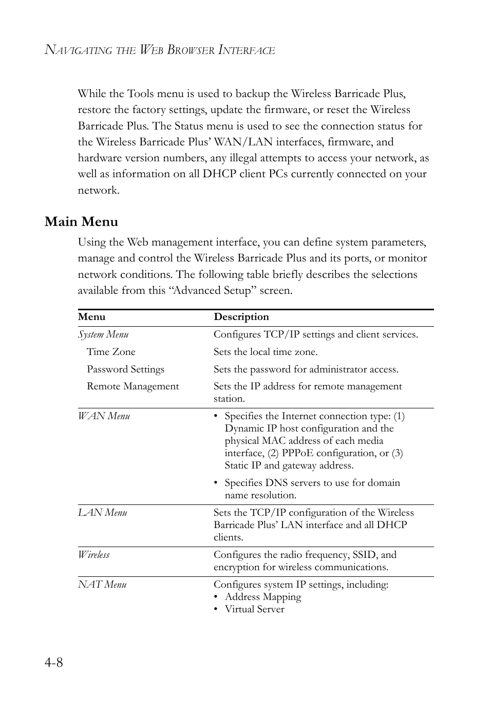 Main menu, Main menu -8 | SMC Networks SMC Barricade Plus SMC7004WFW User Manual | Page 38 / 146