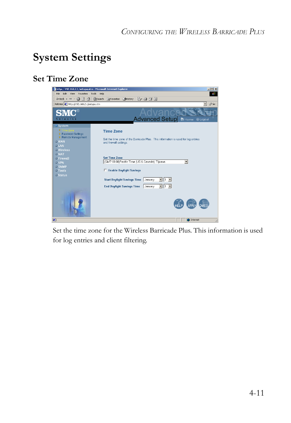 System settings, Set time zone, System settings -11 | Set time zone -11 | SMC Networks SMC Barricade Plus SMC7004WFW User Manual | Page 41 / 146