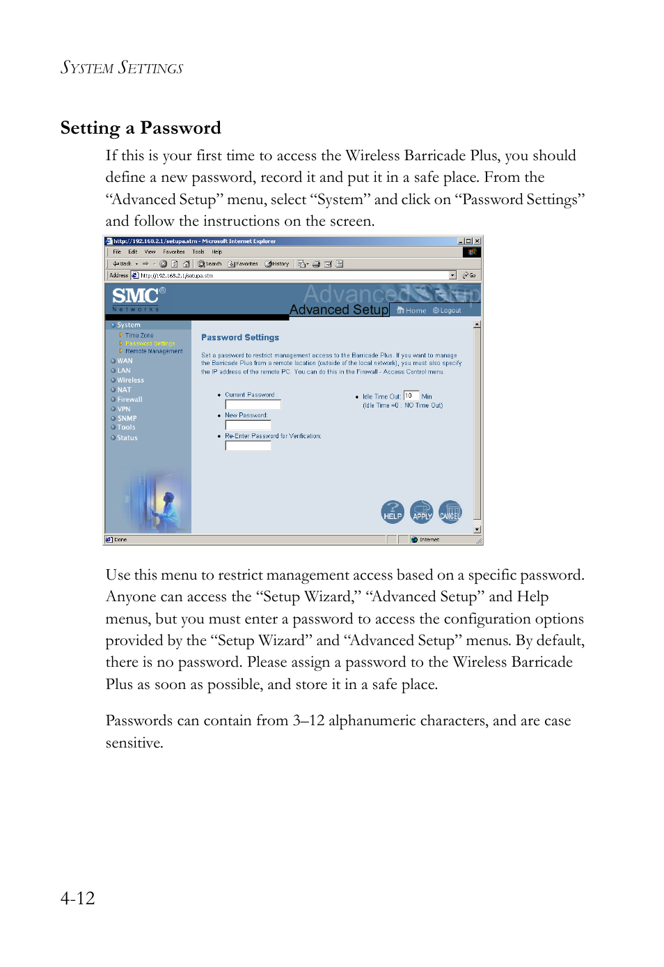 Setting a password, Setting a password -12 | SMC Networks SMC Barricade Plus SMC7004WFW User Manual | Page 42 / 146