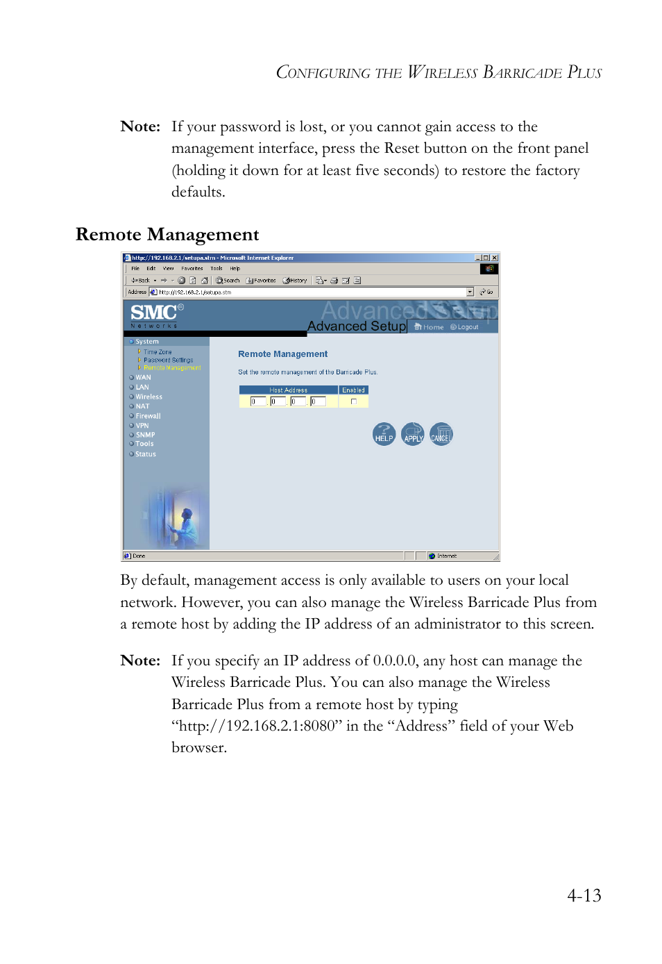 Remote management, Remote management -13 | SMC Networks SMC Barricade Plus SMC7004WFW User Manual | Page 43 / 146