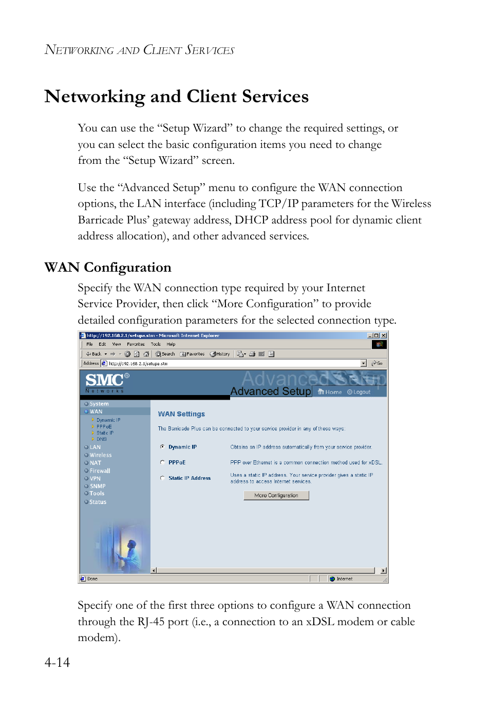 Networking and client services, Wan configuration, Networking and client services -14 | Wan configuration -14 | SMC Networks SMC Barricade Plus SMC7004WFW User Manual | Page 44 / 146