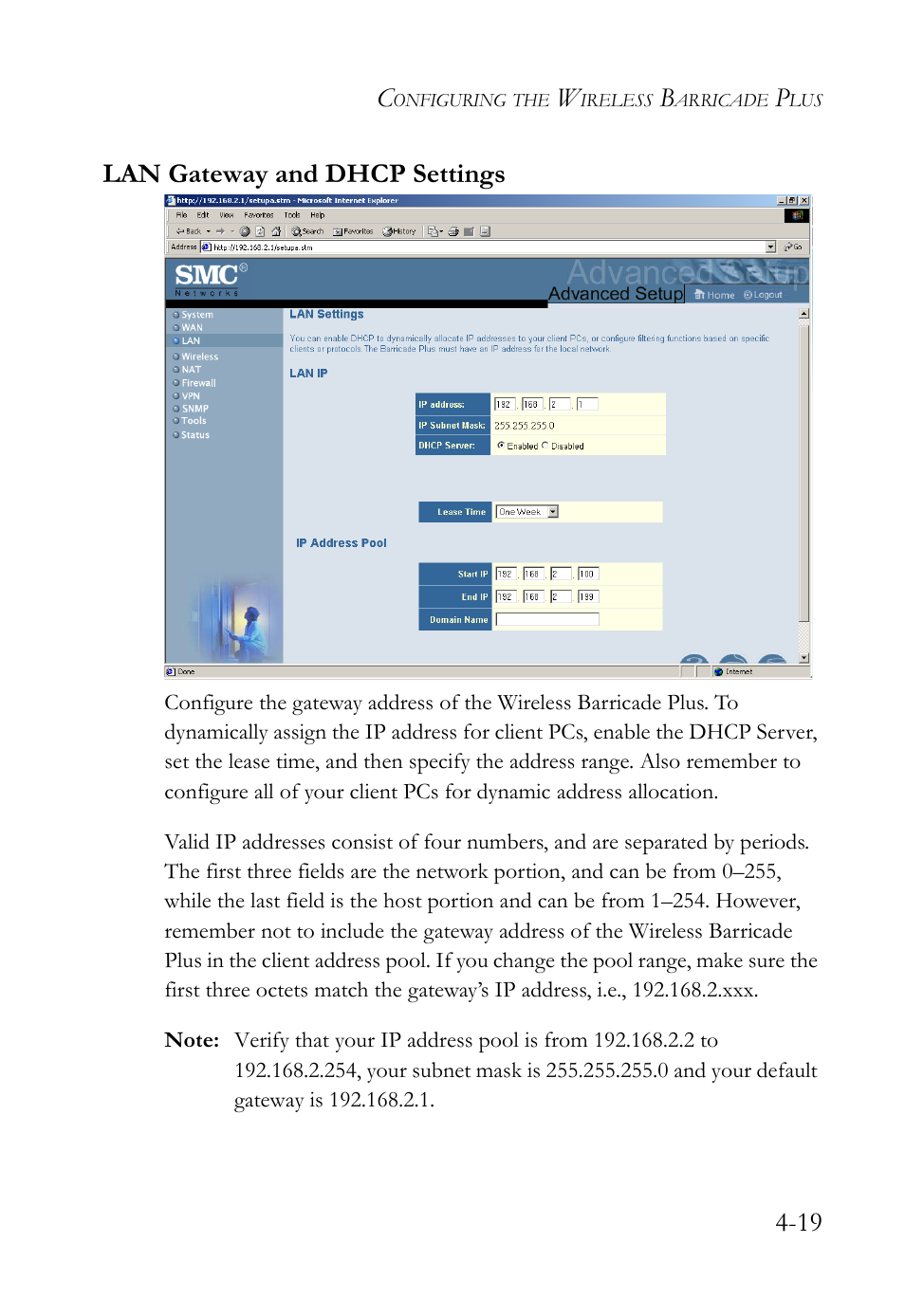 Lan gateway and dhcp settings, Lan gateway and dhcp settings -19, 19 lan gateway and dhcp settings | SMC Networks SMC Barricade Plus SMC7004WFW User Manual | Page 49 / 146