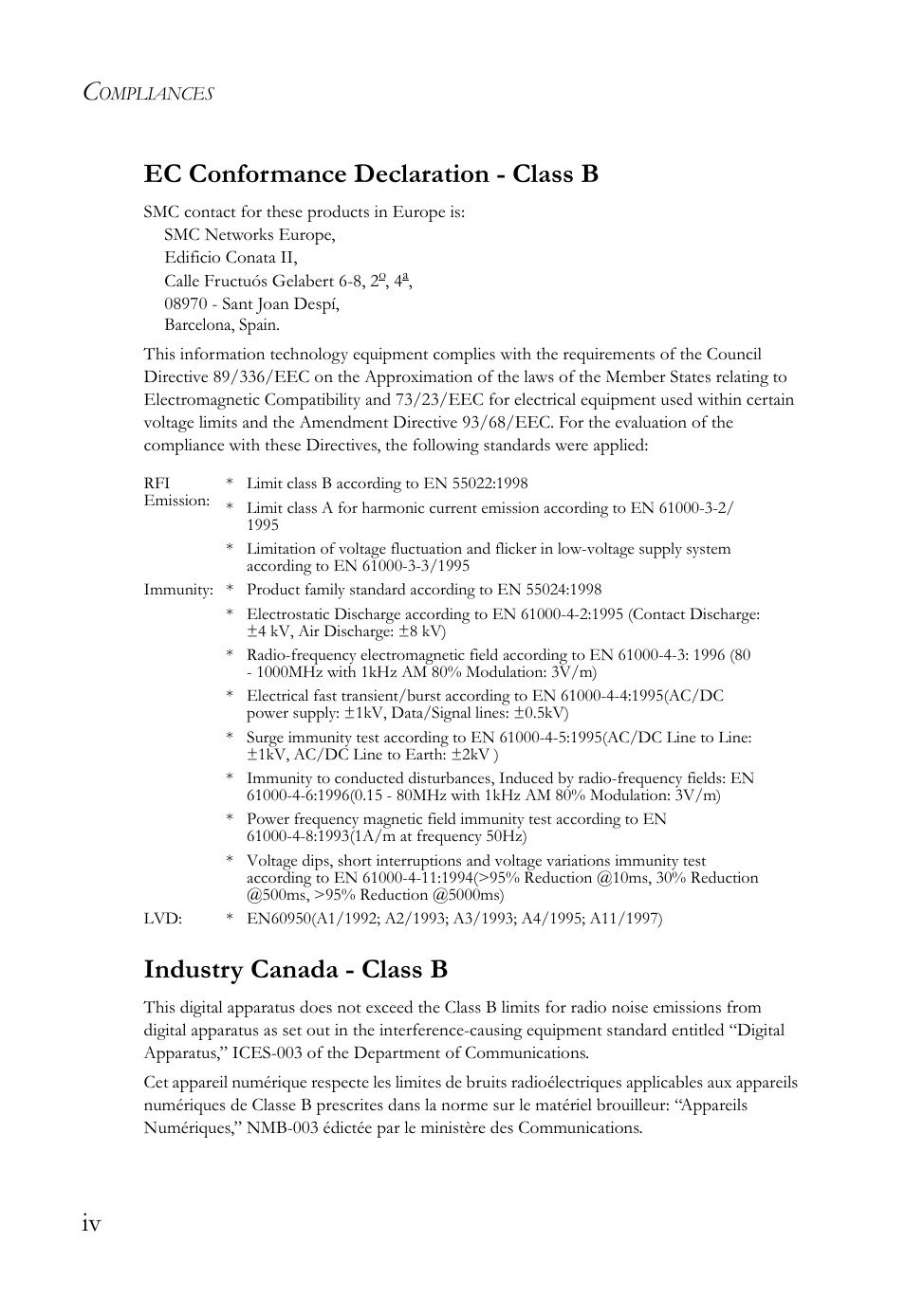 Iv ec conformance declaration - class b, Industry canada - class b | SMC Networks SMC Barricade Plus SMC7004WFW User Manual | Page 5 / 146