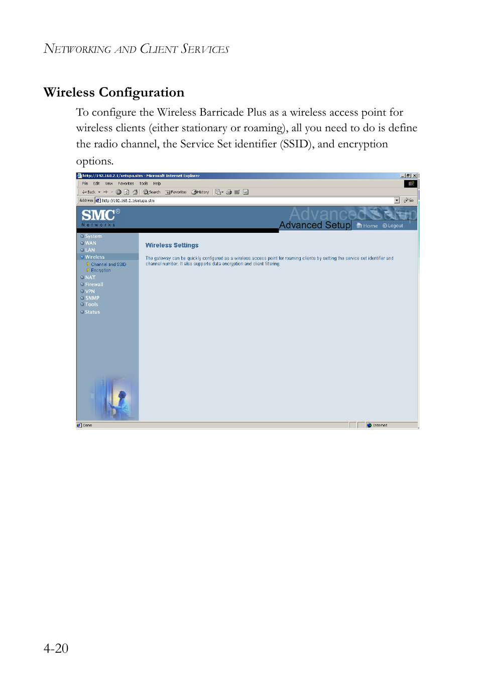 Wireless configuration, Wireless configuration -20 | SMC Networks SMC Barricade Plus SMC7004WFW User Manual | Page 50 / 146