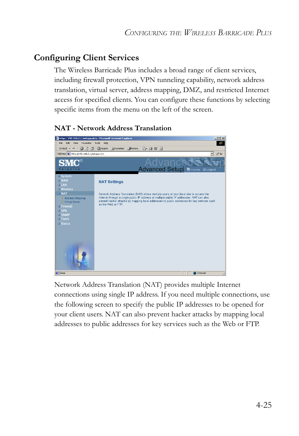 Configuring client services, Configuring client services -25, 25 configuring client services | SMC Networks SMC Barricade Plus SMC7004WFW User Manual | Page 55 / 146