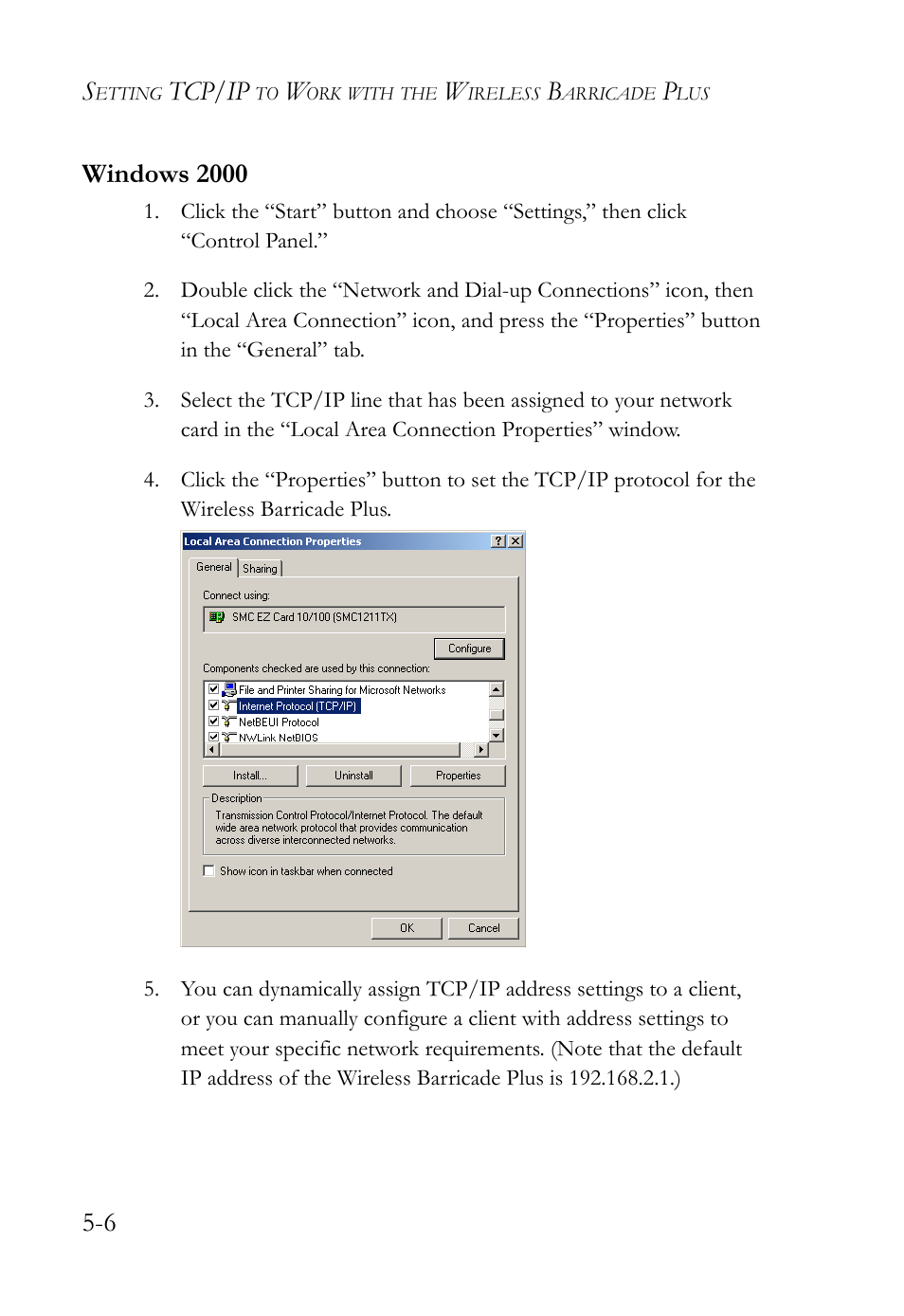 Windows 2000, Windows 2000 -6, Tcp/ip | SMC Networks SMC Barricade Plus SMC7004WFW User Manual | Page 88 / 146