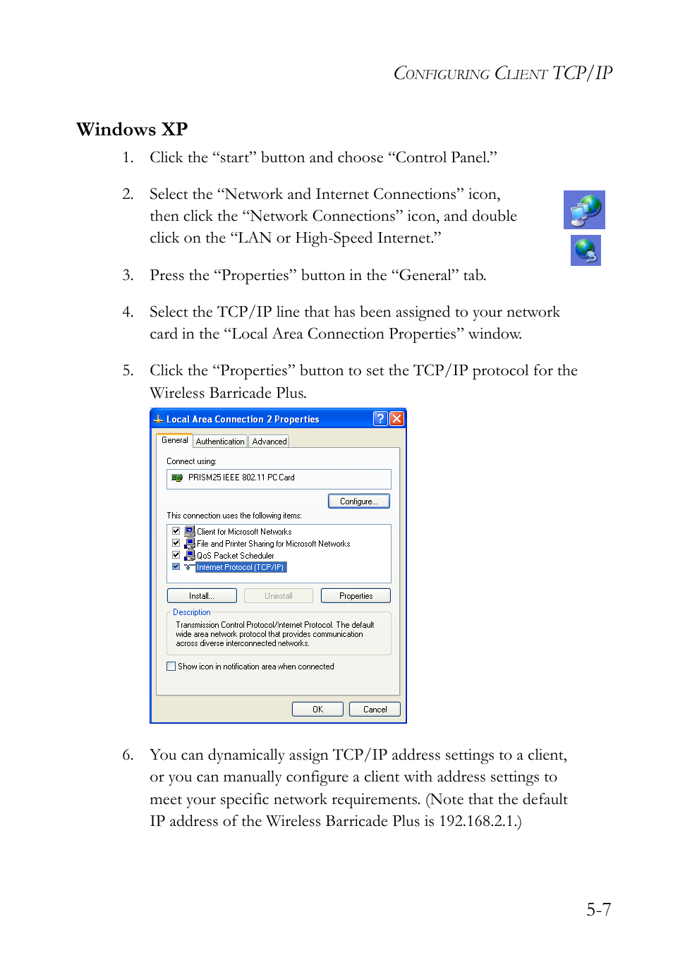 Windows xp, Windows xp -7, Tcp/ip 5-7 windows xp | SMC Networks SMC Barricade Plus SMC7004WFW User Manual | Page 89 / 146