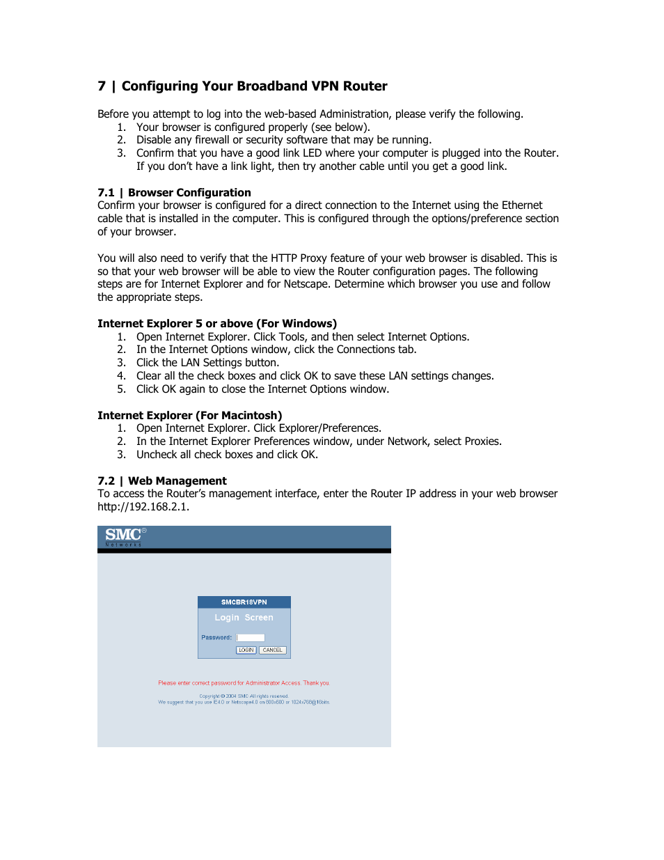 Broadband vpn router configuration, Browser configuration, Web management | SMC Networks SMC Barricade Plus SMCBR18VPN User Manual | Page 12 / 73