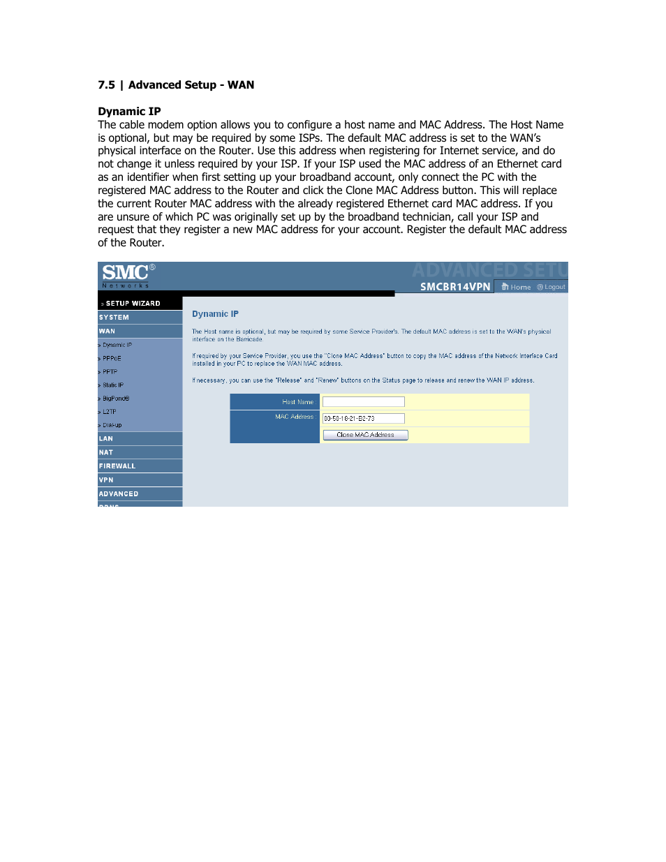 Advanced - wan | SMC Networks SMC Barricade Plus SMCBR18VPN User Manual | Page 22 / 73