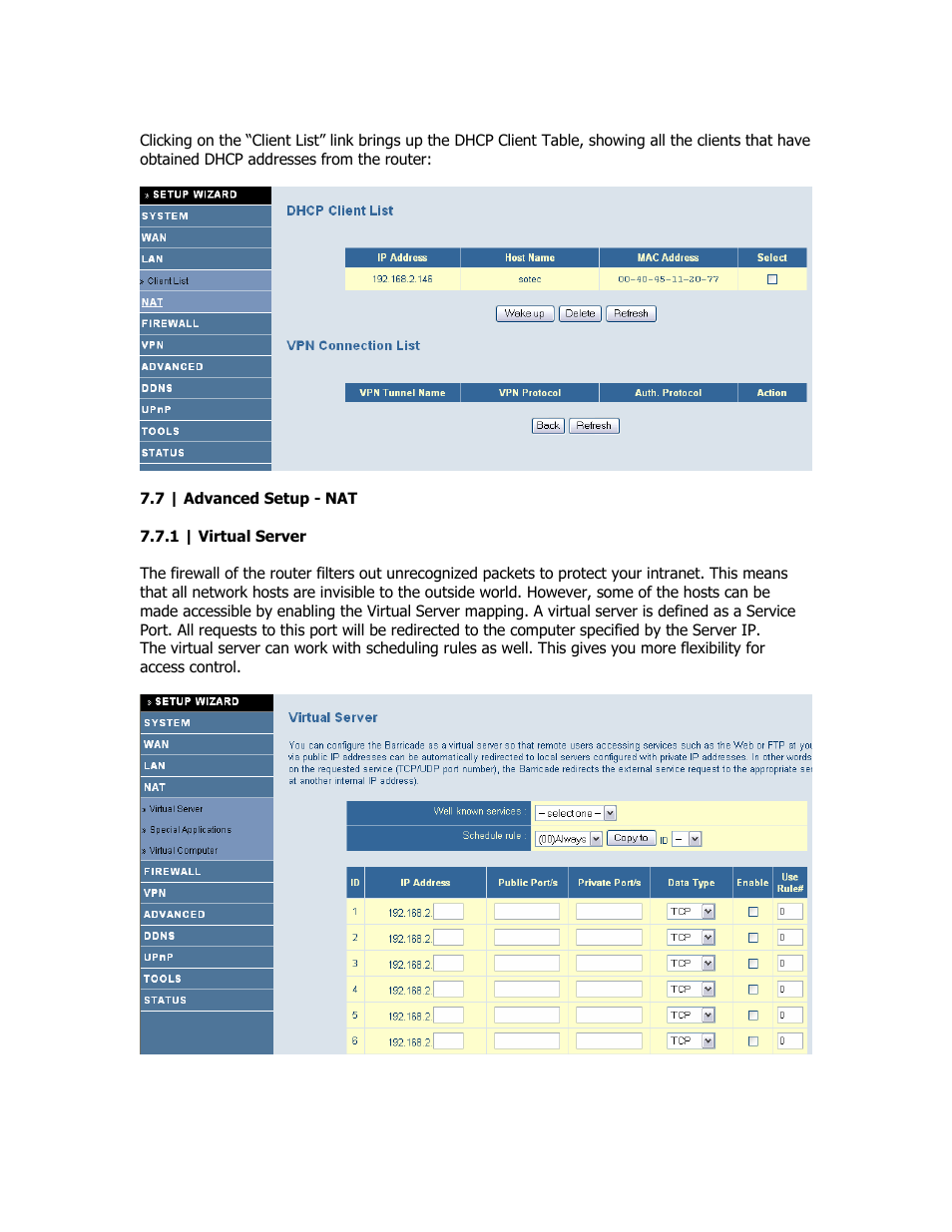 Adanced - nat, Virtual server | SMC Networks SMC Barricade Plus SMCBR18VPN User Manual | Page 28 / 73