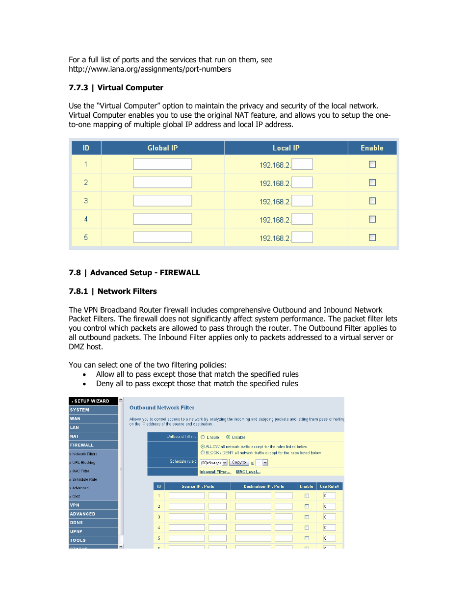 Virtual computer, Advanced - firewall, Network filters | SMC Networks SMC Barricade Plus SMCBR18VPN User Manual | Page 30 / 73