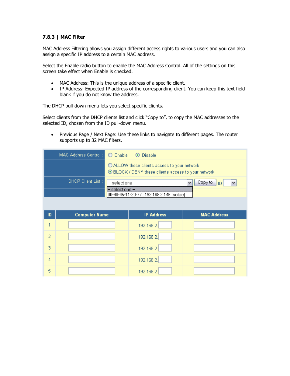 Mac filter | SMC Networks SMC Barricade Plus SMCBR18VPN User Manual | Page 32 / 73