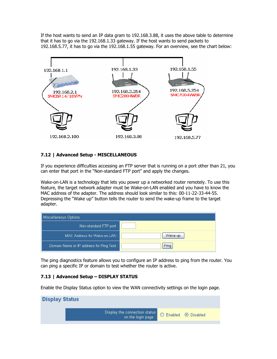 Advanced - miscellaneous, Advanced - display status | SMC Networks SMC Barricade Plus SMCBR18VPN User Manual | Page 43 / 73