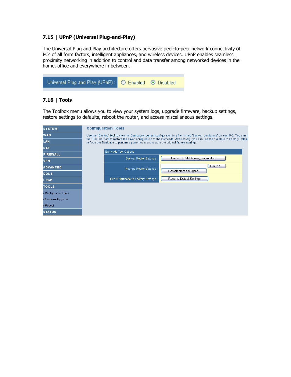 Upnp, Tools | SMC Networks SMC Barricade Plus SMCBR18VPN User Manual | Page 45 / 73