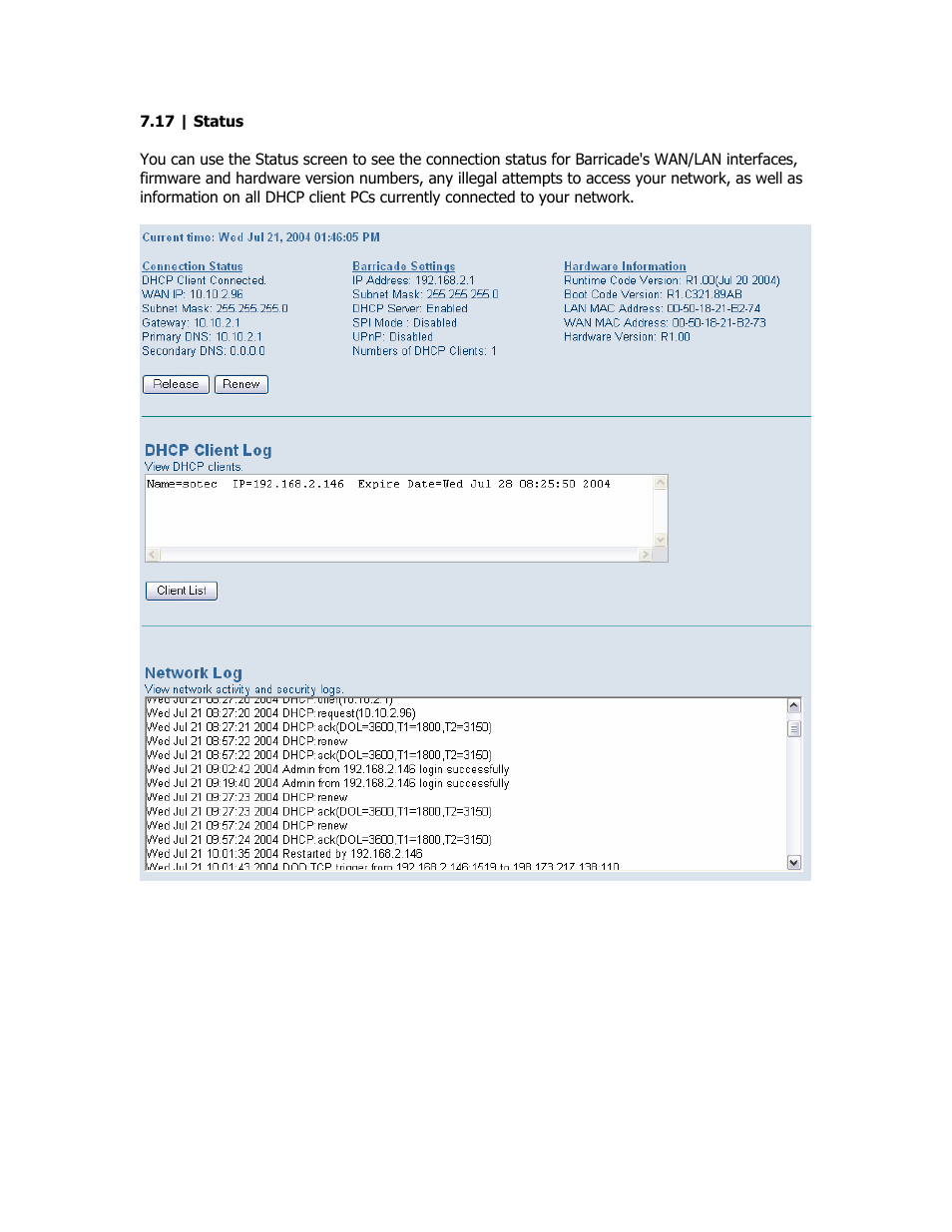 Status | SMC Networks SMC Barricade Plus SMCBR18VPN User Manual | Page 46 / 73