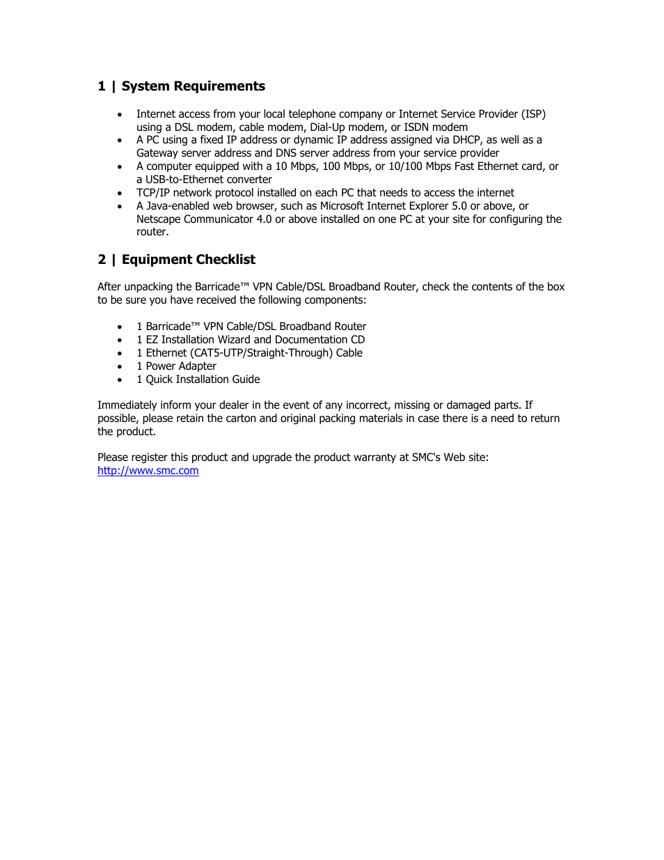 System requirements, Equipment checklist | SMC Networks SMC Barricade Plus SMCBR18VPN User Manual | Page 5 / 73