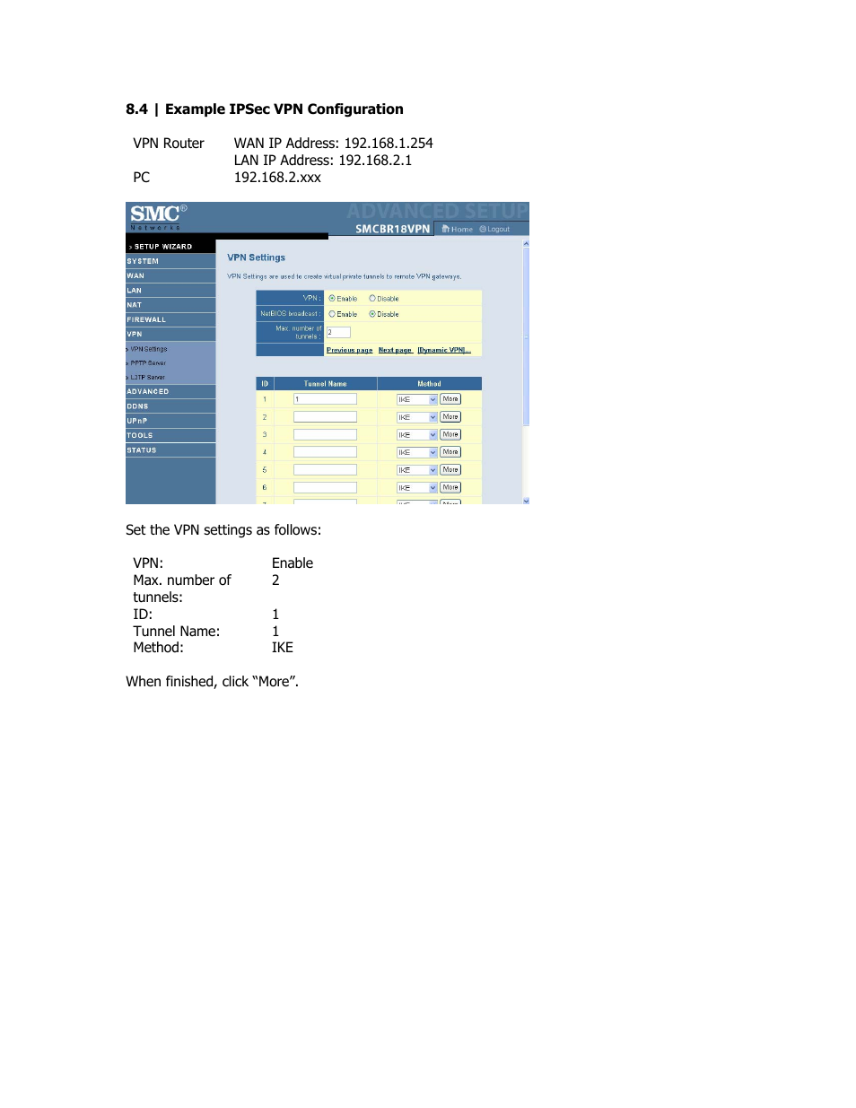 Example ipsec vpn configuration | SMC Networks SMC Barricade Plus SMCBR18VPN User Manual | Page 59 / 73