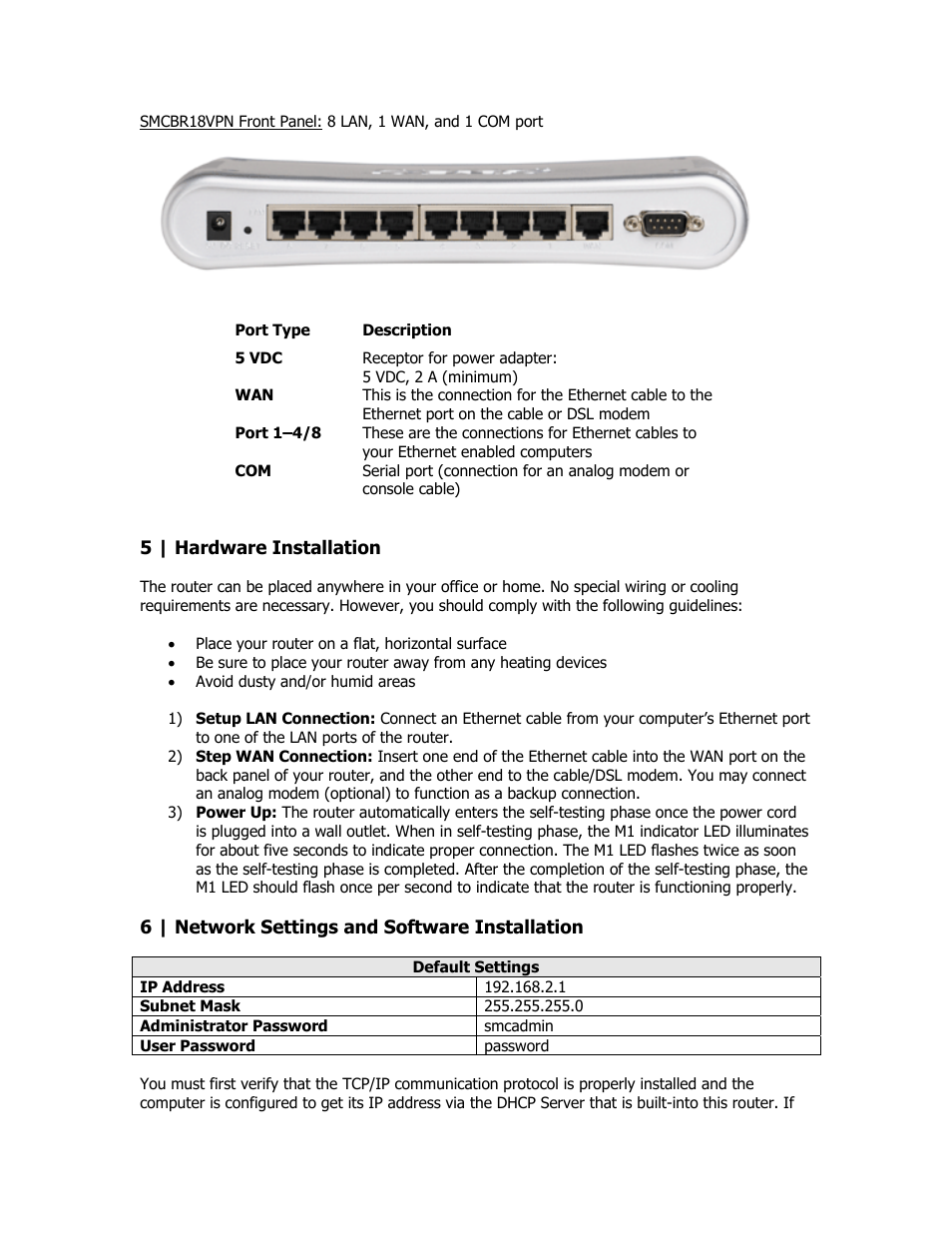 Hardware installation, Network settings | SMC Networks SMC Barricade Plus SMCBR18VPN User Manual | Page 8 / 73