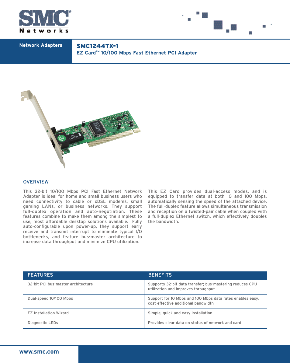 SMC Networks EZ Card 10/100 SMC1244TX-1 User Manual | 2 pages