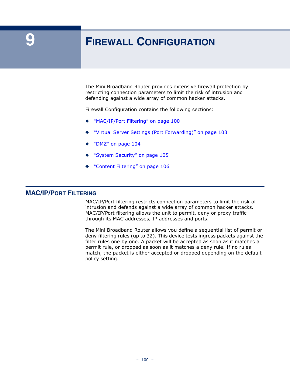 Firewall configuration, Mac/ip/port filtering, Irewall | Onfiguration | SMC Networks SMCWBR11S-N User Manual | Page 100 / 137