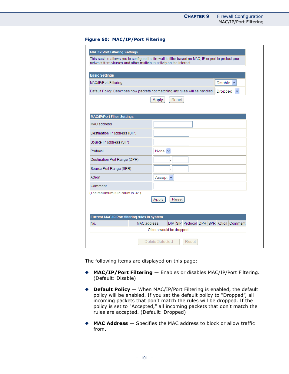 Figure 60: mac/ip/port filtering | SMC Networks SMCWBR11S-N User Manual | Page 101 / 137