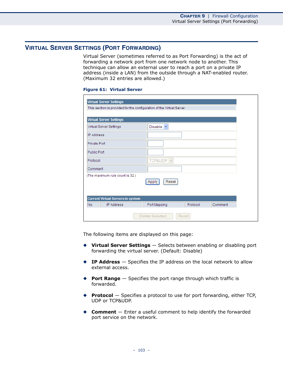 Virtual server settings (port forwarding), Figure 61: virtual server | SMC Networks SMCWBR11S-N User Manual | Page 103 / 137