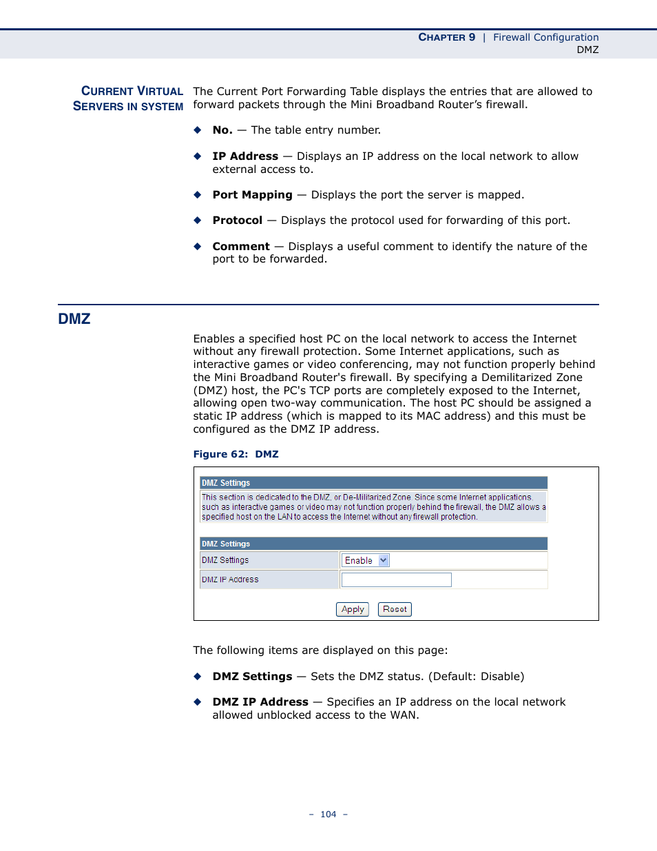 Current virtual servers in system, Figure 62: dmz | SMC Networks SMCWBR11S-N User Manual | Page 104 / 137