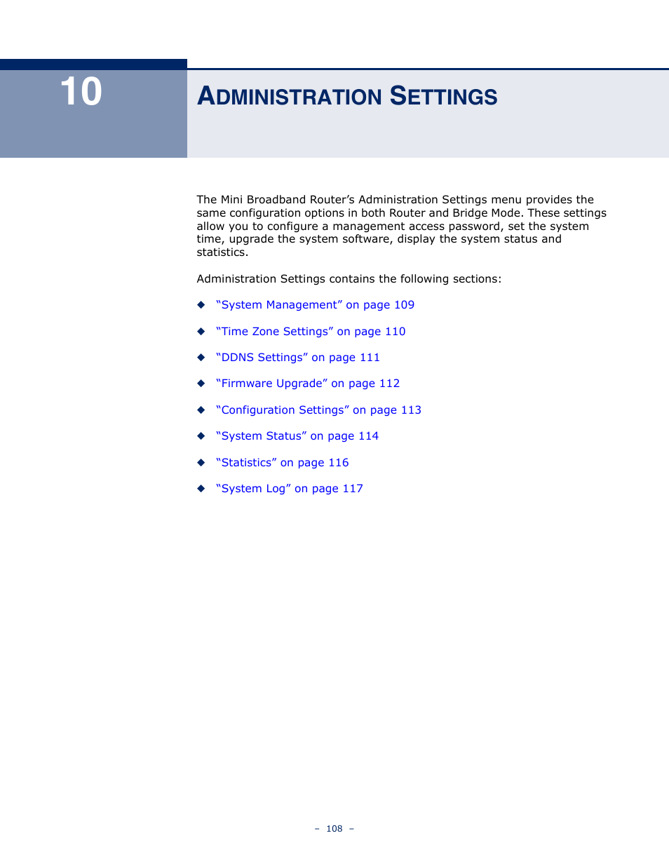 Administration settings, 10 a, Dministration | Ettings | SMC Networks SMCWBR11S-N User Manual | Page 108 / 137