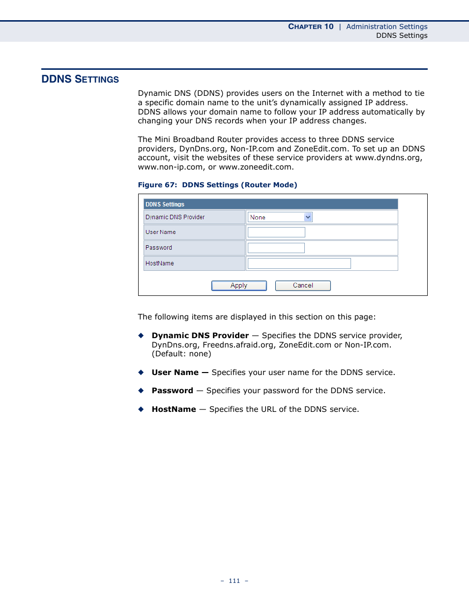 Ddns settings, Figure 67: ddns settings (router mode), Ddns s | SMC Networks SMCWBR11S-N User Manual | Page 111 / 137