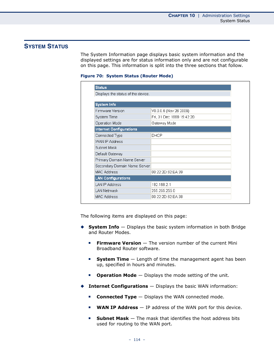 System status, Figure 70: system status (router mode) | SMC Networks SMCWBR11S-N User Manual | Page 114 / 137