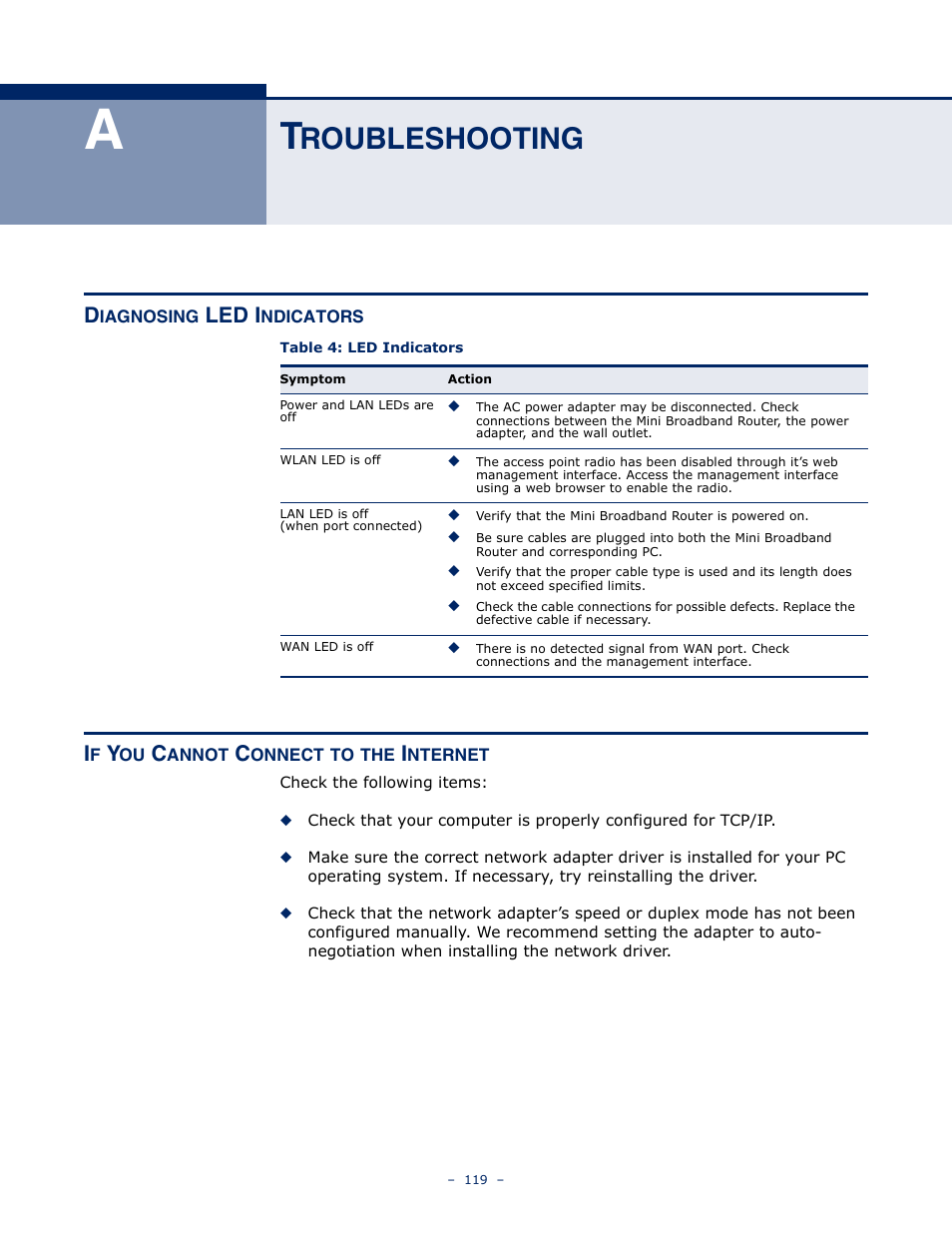 Troubleshooting, Diagnosing led indicators, If you cannot connect to the internet | Roubleshooting, Table 4: led indicators, Led i | SMC Networks SMCWBR11S-N User Manual | Page 119 / 137