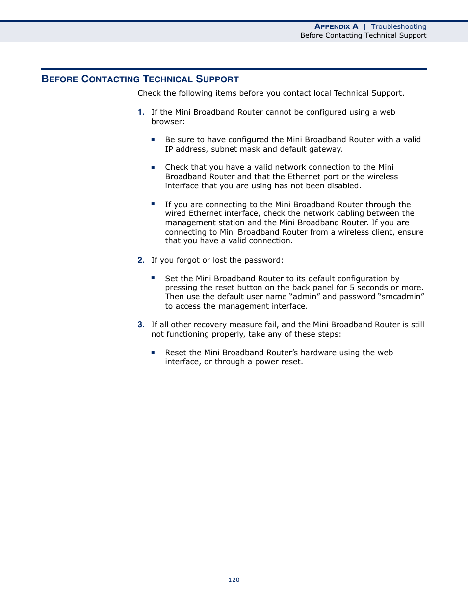 Before contacting technical support | SMC Networks SMCWBR11S-N User Manual | Page 120 / 137