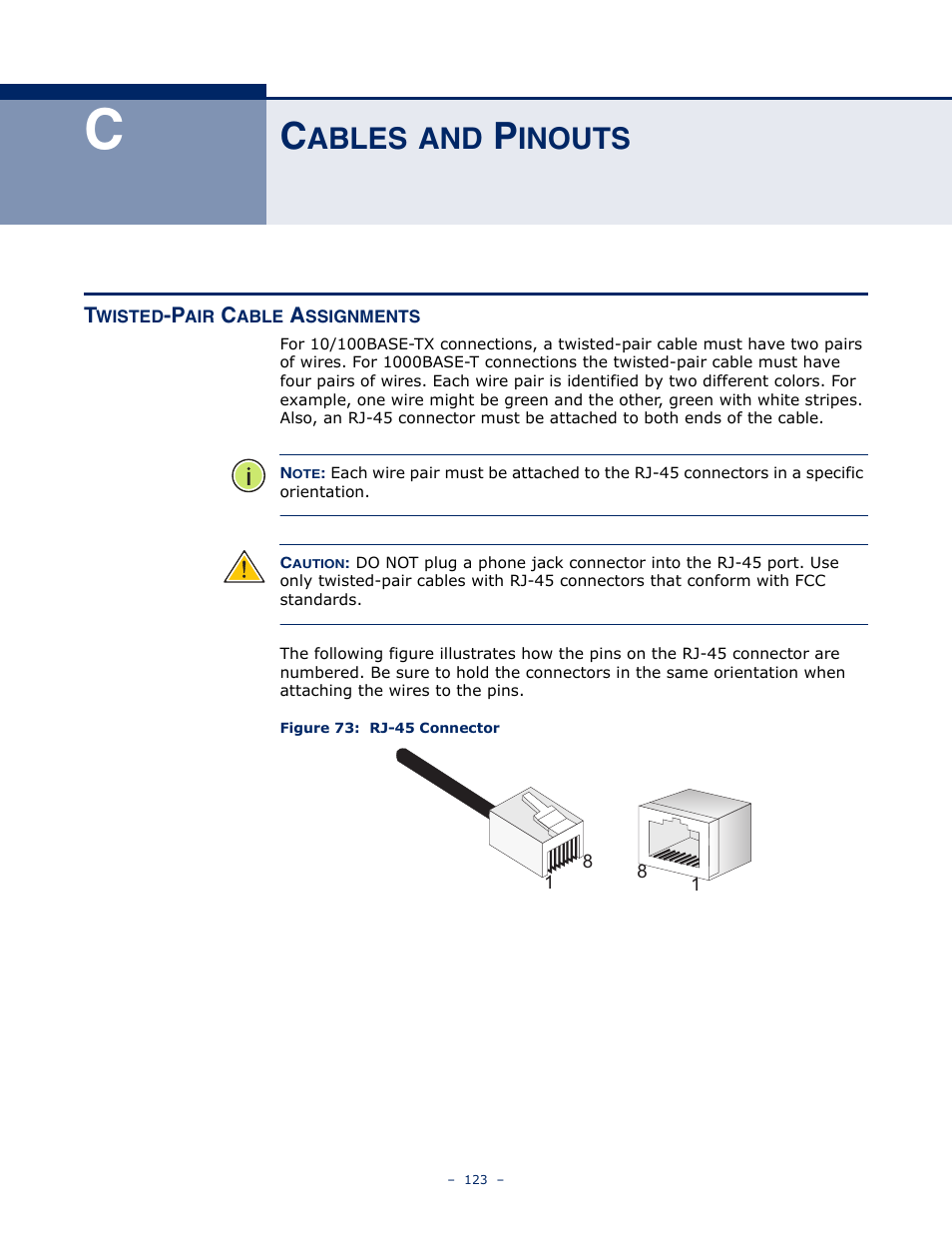 Cables and pinouts, Twisted-pair cable assignments, Ables | Inouts, Figure 73: rj-45 connector | SMC Networks SMCWBR11S-N User Manual | Page 123 / 137